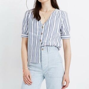 Madewell Plaza blue and White Striped button up Blouse puff sleeves size M